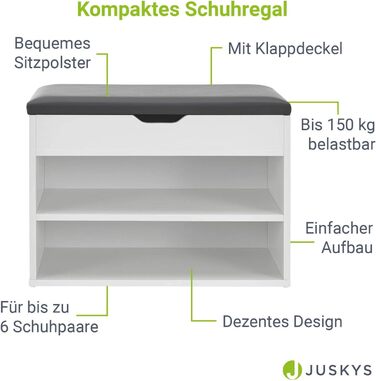 Лавка для взуття Juskys з відкидною кришкою, м'яким сидінням 60x30x44 см, вузька дерев'яна полиця для взуття з бетонною обробкою
