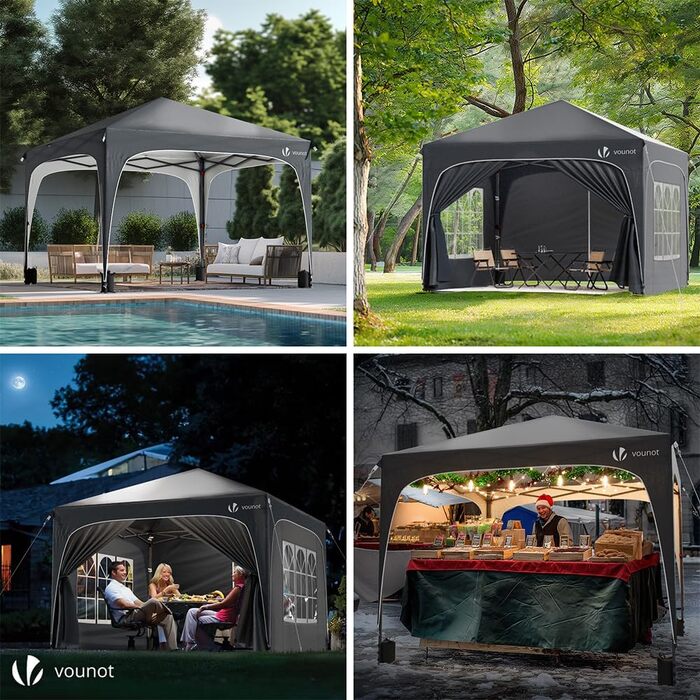 Альтанка садова VOUNOT® 3x3м з бічними стінками та мішками для вантажу, розкладна водонепроникна для пікніка та вечірок (Сіра)