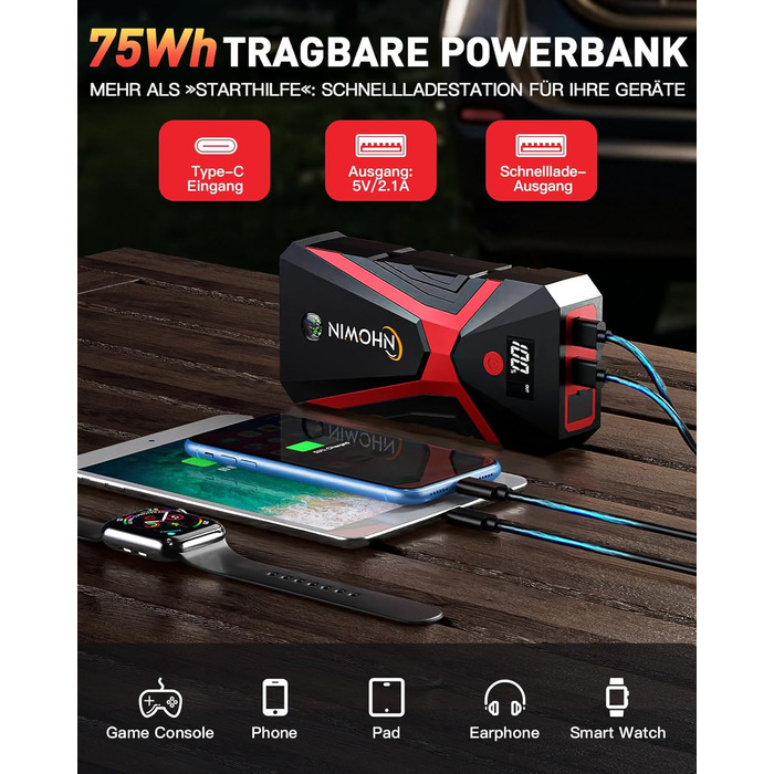 Powerbank Starthilfe 20000 mAh для автомобіля 12V з кабелями та LED-ліхтарем. Запуск авто до 7.5л бензину або 5.0л дизеля. 4-в-1 функція. Підходить для подорожей та надзвичайних ситуацій.