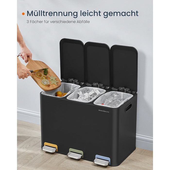 Сортувальний смітник SONGMICS HOME для кухні, 3×15 л, з кришками, кольоровими педалями та внутрішніми контейнерами, чорний сталь