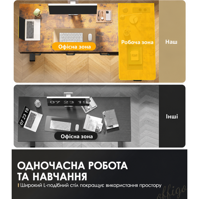 Регульований кутовий стіл OffiGo 160x80 см з 4 ящиками, електричний, для офісу/кабінету, коричневий, вінтажний стиль