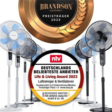 Вентилятор Brandson ECO DC, енергозберігаючий, 9 режимів, турбо, безщітковий тихий мотор, пульт, таймер, осциляція 60°/90°/120°, білий