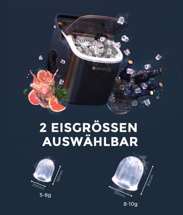 Льодогенератор ecozy Klein самоочищення, 2 розміри кубиків льоду, 9 кубиків за 6 хв, 12 кг/24год, лопатка та кошик, для кухні, офісу, бару, вечірок, чорний