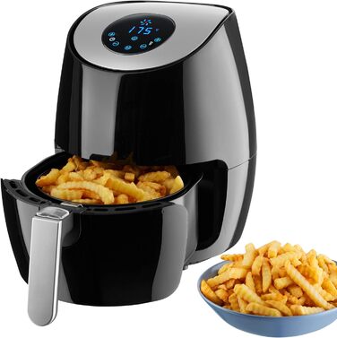 tectake® Аерофритюрниця (Airfryer) 3,6 л, сенсорний дисплей, 7 програм, без масла і жиру, підходить для посудомийної машини, з аксесуарами та кулінарною книгою, чорна