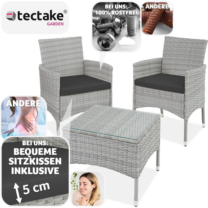 Комплект садових меблів tectake® з поліратану: 2 крісла з підлокітниками та стіл з скляною стільницею, змінні чохли, для балкона та саду, світло-сірий