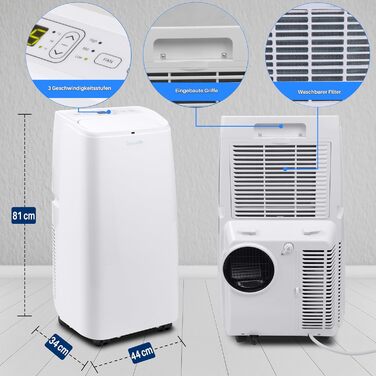 Мобільний кондиціонер SereneLife 3-в-1 з трубкою, 12 000 BTU, осушувач і вентилятор, для приміщень до 25 м², з пультом, видаляє 1,8 л вологи/год, білий