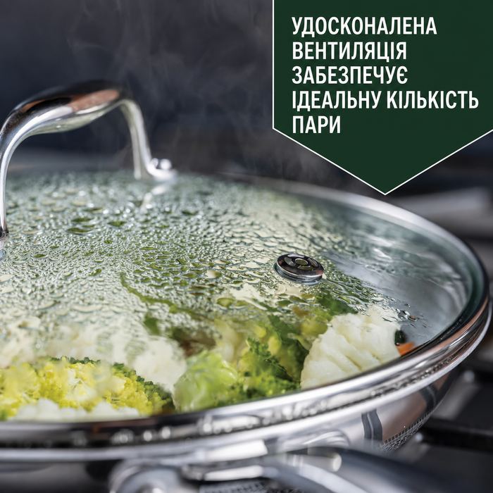 Сковорода HexClad гібридна антипригарна 25 см з кришкою, для індукції та всіх плит, жароміцна, ручка що не нагрівається