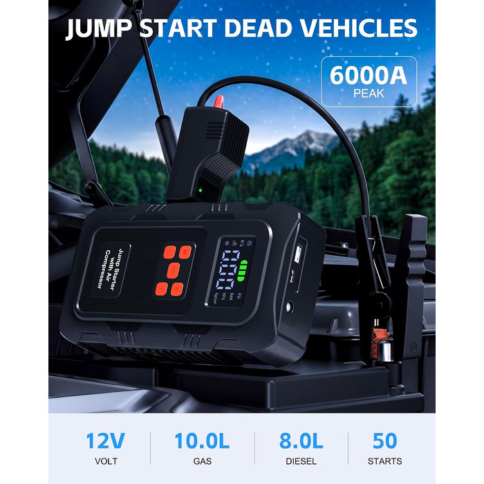 Пусковий інвертор Povasee 6000A з компресором 150 PSI та Powerbank, бустер для авто 12V з електричним насосом та ліхтариком (Помаранчевий/Чорний)