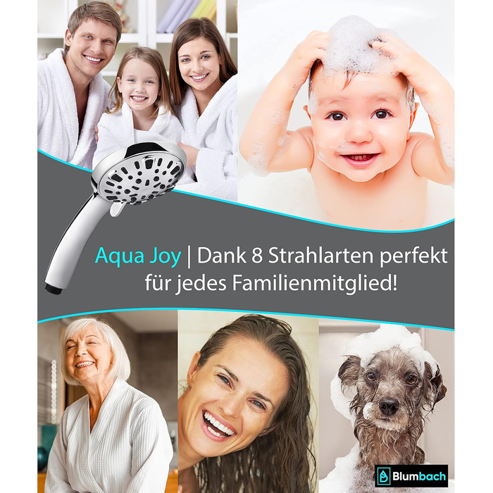 Економна лійка для душу BLUMBACH® Aqua Joy: преміум душова голова з високим тиском, 8 режимів струменів, витрата води 8л/хв