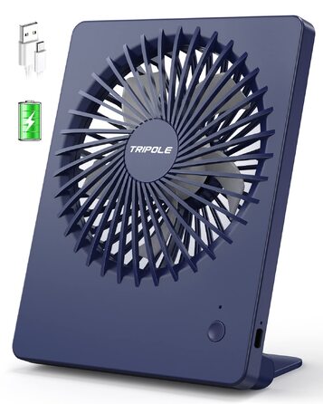 Вентилятор настільний TriPole з акумулятором USB, 2000mAh, 3 швидкості, низький рівень шуму (30дБ), кут нахилу 80°, для офісу, подорожей, темно-синій