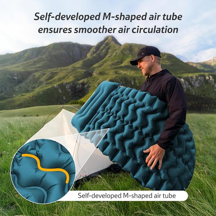 Надувний кемпінговий килимок Naturehike Ultralight з вбудованим насосом для туризму та кемпінгу, темно-синій, двоповерховий