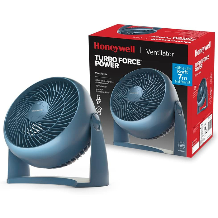 Вентилятор Honeywell TurboForce HT900NE4, синій, настільний і настінний, 3 швидкості, тиха робота, регульований нахил до 90°