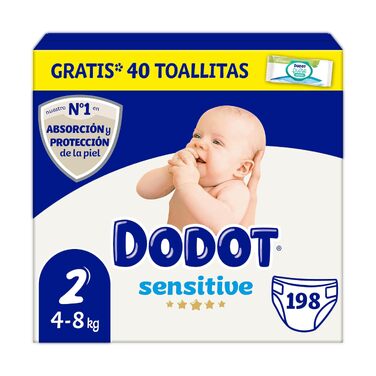 Дитячі підгузки Dodot Sensitive розмір 2 (4-8 кг), 198 шт + 40 вологих серветок у подарунок, гіпоалергічні для чутливої шкіри