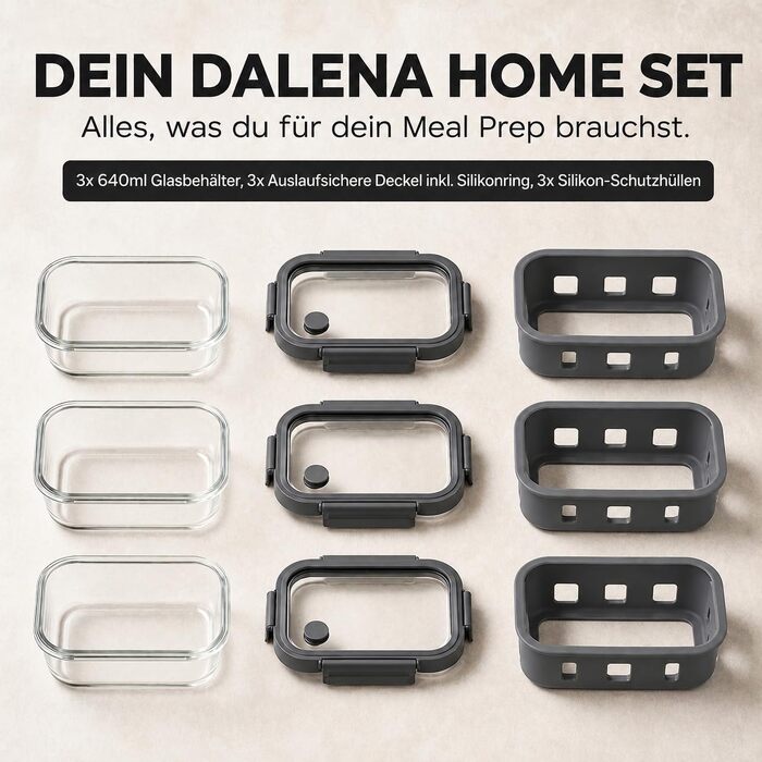 Набір контейнерів для їжі Meal Prep Tabarca (3 шт), 640-1520 мл, зі скляною кришкою, герметичні