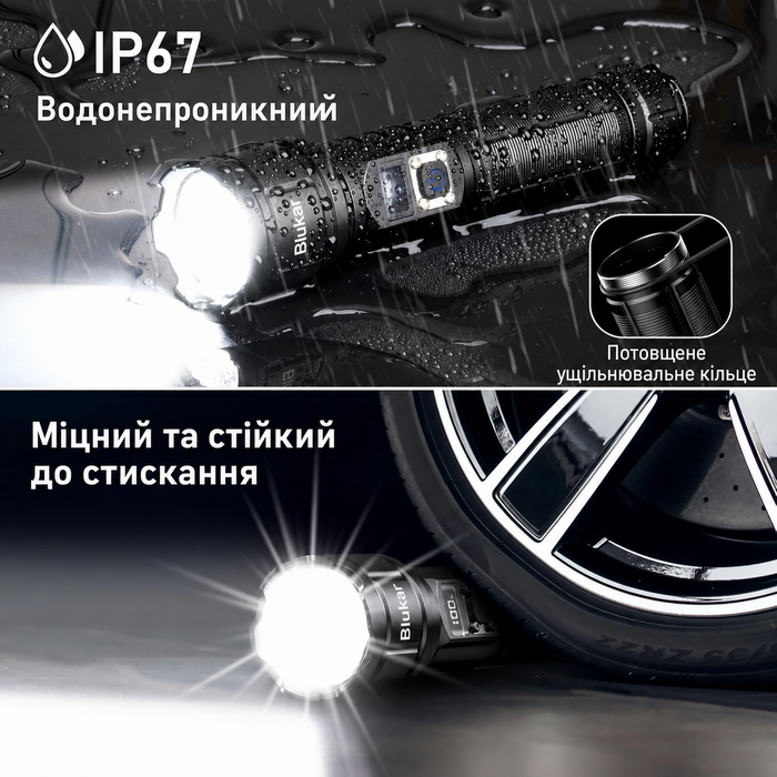 Ліхтарик Blukar LED, USB-C, 500000 люменів, надяскравий, тактичний, зум, 5 режимів, IP67, водонепроникний, для кемпінгу та екстрених ситуацій, чорний