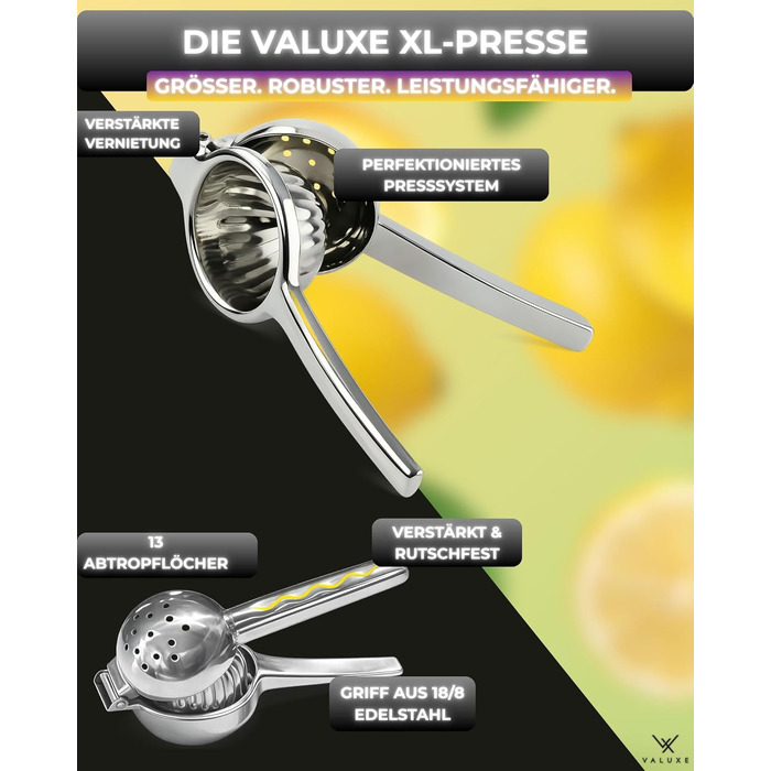 Преміум ручний віджим для цитрусових VALUXE® — Соковижималка для лимонів, лаймів та апельсинів, нержавіюча сталь, Large Deluxe, підходить для посудомийки