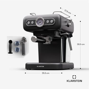 Кавомашина еспресо Klarstein Espressionata evo з капучинатором, 1.2л, нержавіюча сталь, 950 Вт - для капучино, лате та макіато (чорна)