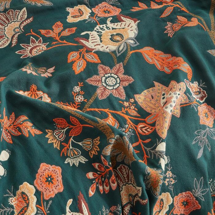 Богемна ковдра Softexly Boho Decke 100% бавовна – двостороння муслінова ковдра 150x200 см, м'яка софа/ліжко, естетичний дизайн, для вітальні та спальні, помаранчевий/зелений (230 x 250 см, Квіткова мелодія)