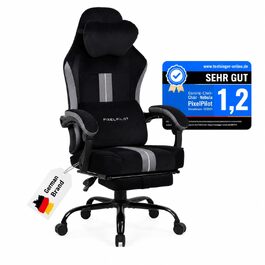 Ігрове крісло PixelPilot Ergonomic з підставкою для ніг, дихаюча тканина, підголівником та поперековою підтримкою, посилене до 150 кг, чорне