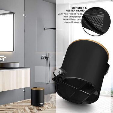 Косметичний відро для сміття VMbathrooms 5 л, чорне матове, з бамбуковою кришкою, педаллю та механізмом плавного закривання, для ванної кімнати
