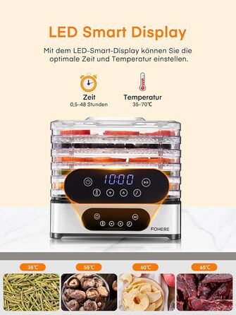 Електрична сушарка для продуктів FOHERE з нержавіючої сталі, 5 ящиків, LED-дисплей, 420W, 35-70°C, таймер 48h, для їжі, грибів, фруктів, м'яса, риби, овочів, без BPA