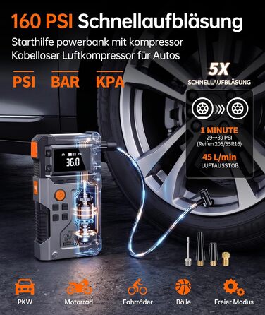 Бустер для автомобіля Starthilfe Powerbank 6000A — Пусковий пристрій для всіх типів авто, чорно-сірий