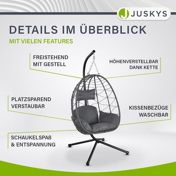 Підвісне крісло Juskys Aria з регульованою висотою, складане, ергономічне, для вулиці й дому, до 130 кг, з поліротангу, з подушкою, сіре