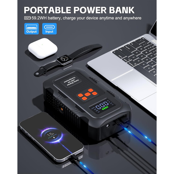 Пусковий інвертор Povasee 6000A з компресором 150 PSI та Powerbank, бустер для авто 12V з електричним насосом та ліхтариком (Помаранчевий/Чорний)