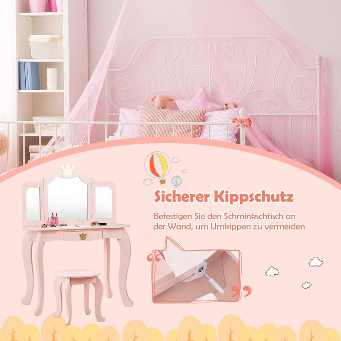 Дитячий туалетний столик DREAMADE з дзеркалом, стільчиком і шухлядою, рожевий дерев'яний косметичний стіл для дівчаток