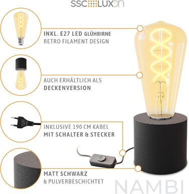 Настільна лампа SSC-LUXon NAMBI чорна, вінтажна, з LED-лампою E27, тепле світло, з кабелем і вимикачем