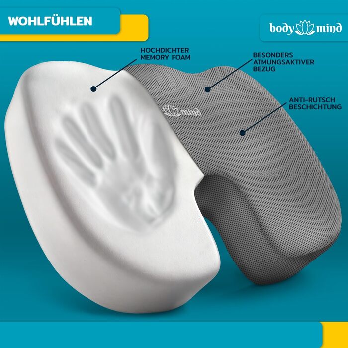 Ортопедична подушка Body & Mind® для сидіння, клиноподібна, ергономічна накладка на стілець і автомобіль, зменшує біль, покращує кровообіг, знімає навантаження з куприка і хребта, м'яка (H1, 40-60 кг)