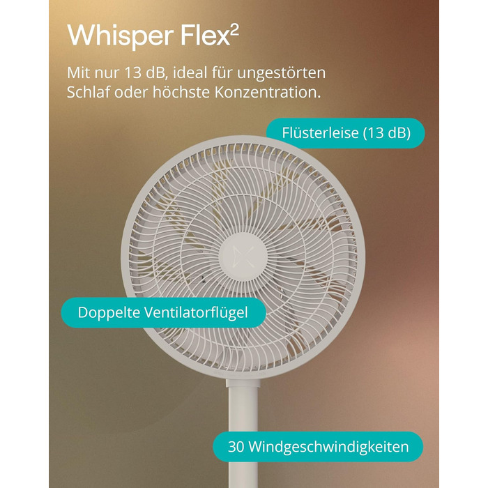 Duux Whisper Flex 2 Smart Вентилятор: тихий (13 дБ), нічний режим, таймер, регульована висота (54-92 см), енергоефективний, з Wi-Fi та пультом (Greige)