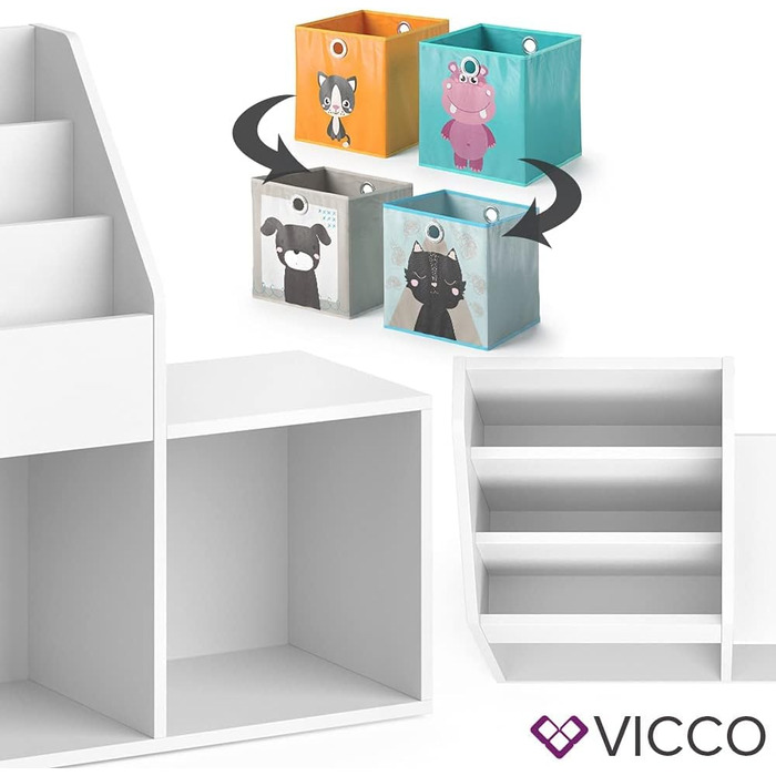 Дитяча книжкова полиця Vicco Luigi, біла, 72x79 см, з 2 складними коробками з малюнком песика та котика