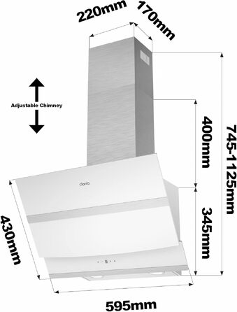 Витяжка кухонна CIARRA ASB6736N 60 см, 650 м³/год, нержавіюча сталь та чорне скло, керування через App та Touch, режим рециркуляції/відведення, вугільний фільтр CBCF003, білий колір