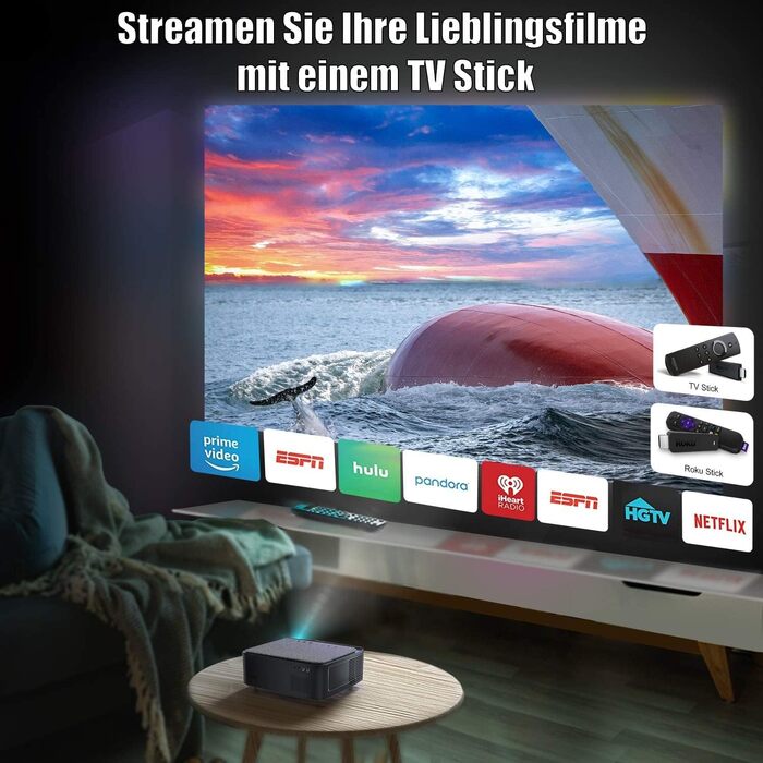 Проектор Beamer Full HD 1080P, 1200 ANSI люмен, 5G WiFi, Bluetooth, підтримка 4K, LED, для домашнього кіно, сумісний з Fire Stick, смартфоном, PS5, чорний