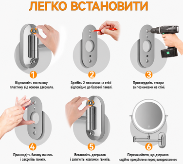 Дзеркало для макіяжу Auxmir з підсвічуванням 1X/30X, перезаряджуване, з LED, для гоління та макіяжу, настінне, поворотне на 360°, з 3 кольорами світла, 3200mAh, срібне