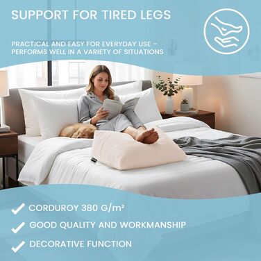 Подушка для спини DreamRoots клиноподібна для ліжка та дивана, кремова, 70x40x20 см. Зручна подушка для читання з кишенею, знімний чохол з корду 380 г/м².