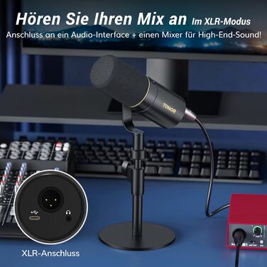 Динамічний мікрофон TONOR TD520 USB/XLR для ПК, студії, подкастів, музики, геймінгу, з підставкою, кнопкою вимкнення та 3,5 мм виходом для навушників