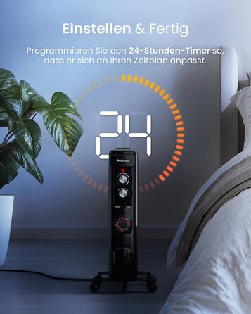 Електричний масляний радіатор Pro Breeze 2500W з 11 ребрами, таймер 24 год, 3 режими, термостат, захист від перегріву - чорний