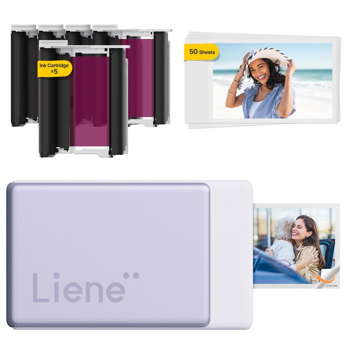 Портативний міні-фотопринтер Liene Pearl N200 Pro з підключенням Bluetooth, сублімаційна технологія, 300 dpi, для iPhone та Android, вбудований акумулятор, комплект з 50 фото (5x7,6 см) та 5 фарбовими стрічками (Lila)