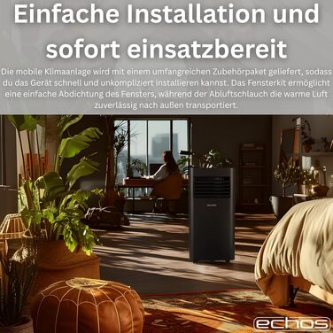 Мобільний кондиціонер Echos 9000 BTU з Wi-Fi, пультом та таймером 24 год – охолодження, осушення, вентиляція
