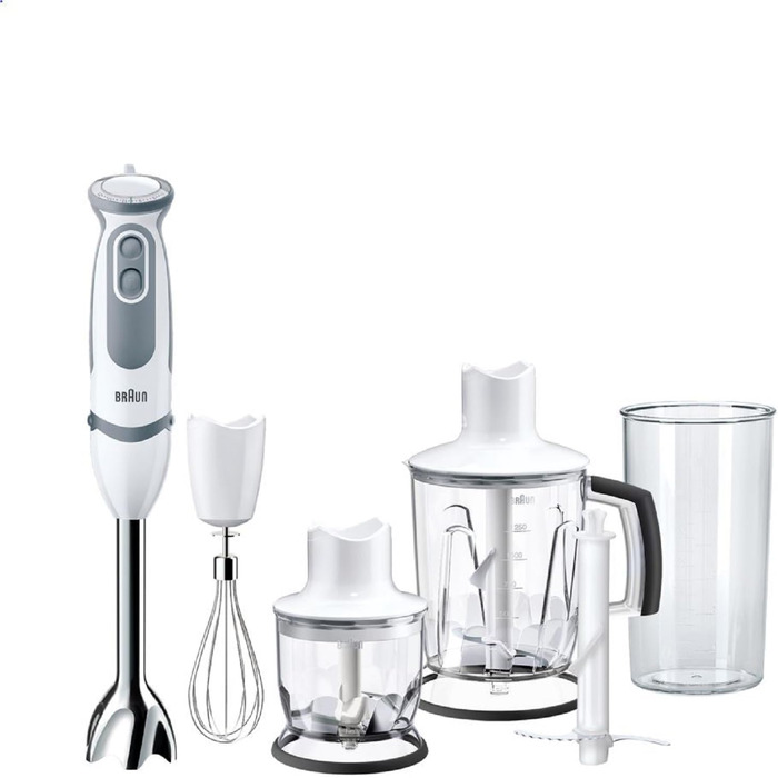 Блендер Braun MultiQuick 5 Vario MQ 5245WH, 1000 Вт, нержавіюча сталь, ручний, 4 насадки, білий/сірий