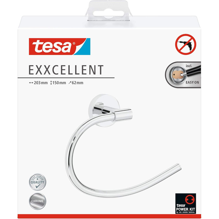 Tesa EXXCELLENT тримач для рушників, 2-рукавний, хромований, без свердління, з клейовим кріпленням, антикорозійний, для ванної кімнати, 50x84x457 мм