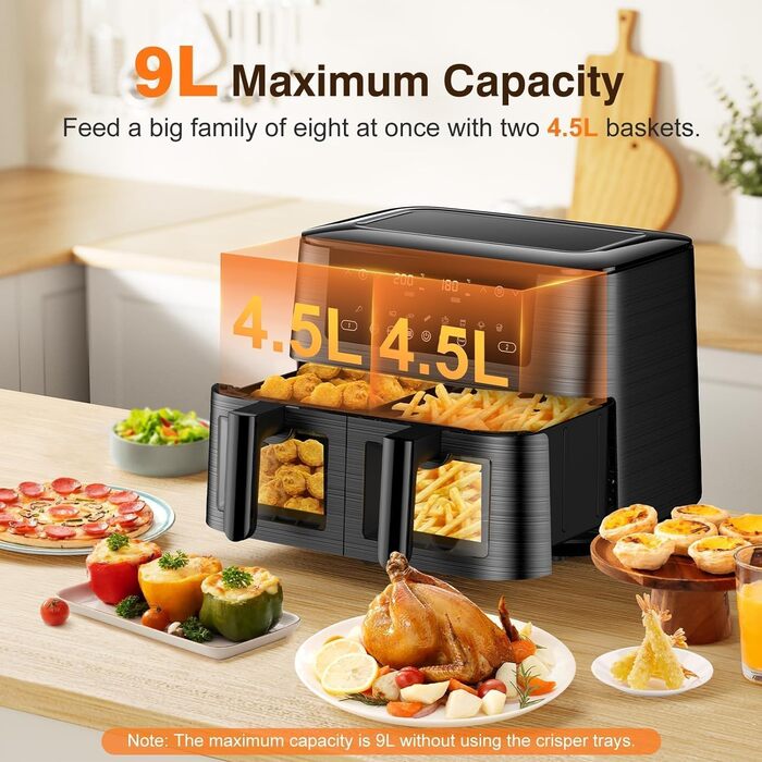 Аерофритюрниця з двома камерами та вікном перегляду 9л, Airfryer 9-в-1 з сенсорним керуванням, антипригарне покриття, для здорового приготування без олії