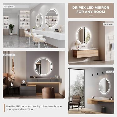 Дзеркало для ванної кімнати Dripex круглої форми з підсвічуванням LED, сенсорне керування, регулювання яскравості, 3 кольори світла, запобігання запотіванню, 50x50 см (Bluetooth, запобігання запотіванню, 3 кольори, регулювання яскравості)