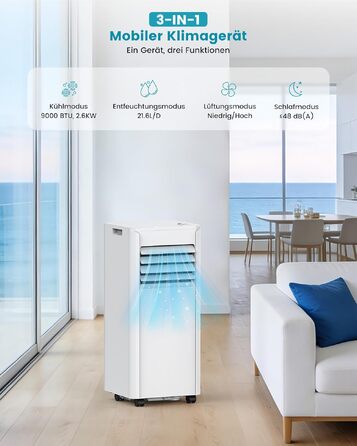 Мобільний кондиціонер Electactic 9000 BTU 3-в-1: з відведенням повітря, вентилятор, осушувач, пульт, таймер 24 год, білий