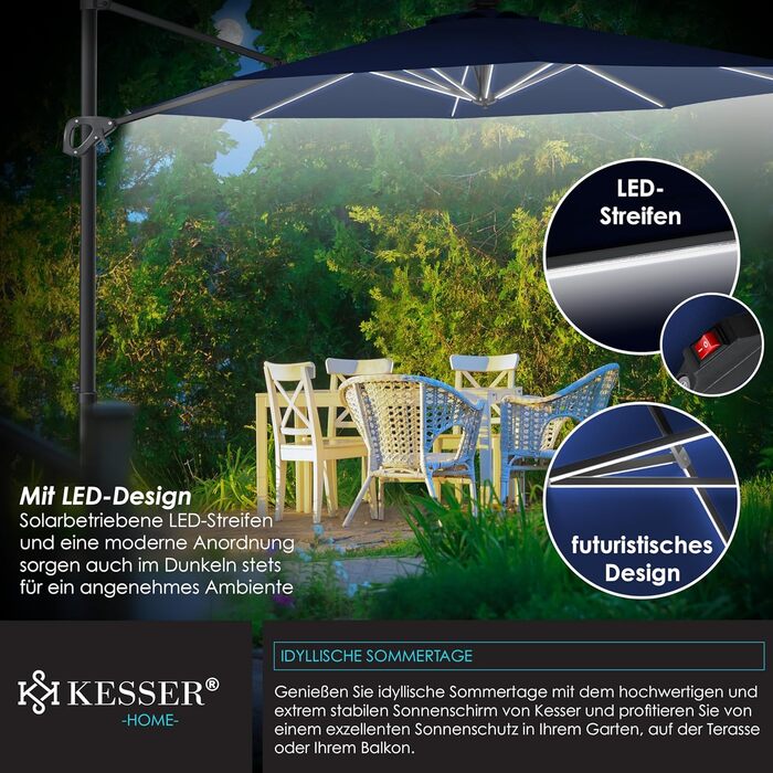 Сонячна парасолька KESSER XL 330 см з LED-підсвічуванням, сонячною батареєю, чохлом, вітрозахистом, 7-позиційним регулюванням, нахилом, обертанням 360°, для саду, з ручкою, захист від UV50+, темно-синя