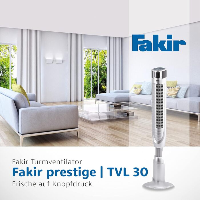 Турмовентилятор Fakir Prestige TVL 30 з пультом, 3 режими, 8 швидкостей, 360° осциляція, таймер, LED-дисплей, 40 Вт, сріблястий, тихий