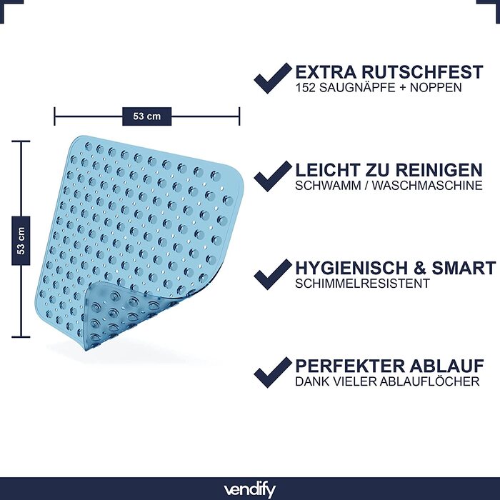 Vendify Преміум килимок для душу 53x53 см, протиковзкий, квадратний, для душової кабіни та ванни, BPA Free, з 152 присосками, стійкий до цвілі, машинне прання, прозорий синій