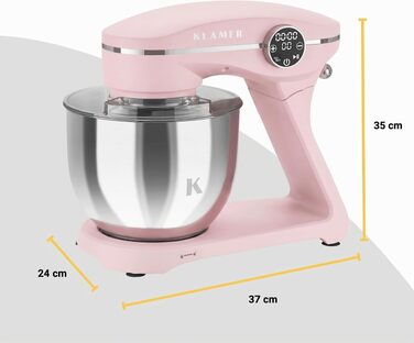 Кухонний комбайн KLAMER 1800W з чашею 6л з нержавіючої сталі, планетарний міксер для тіста з таймером, 10 швидкостей, набір насадок (гак, вінчик, міксер), колір Premium Pink